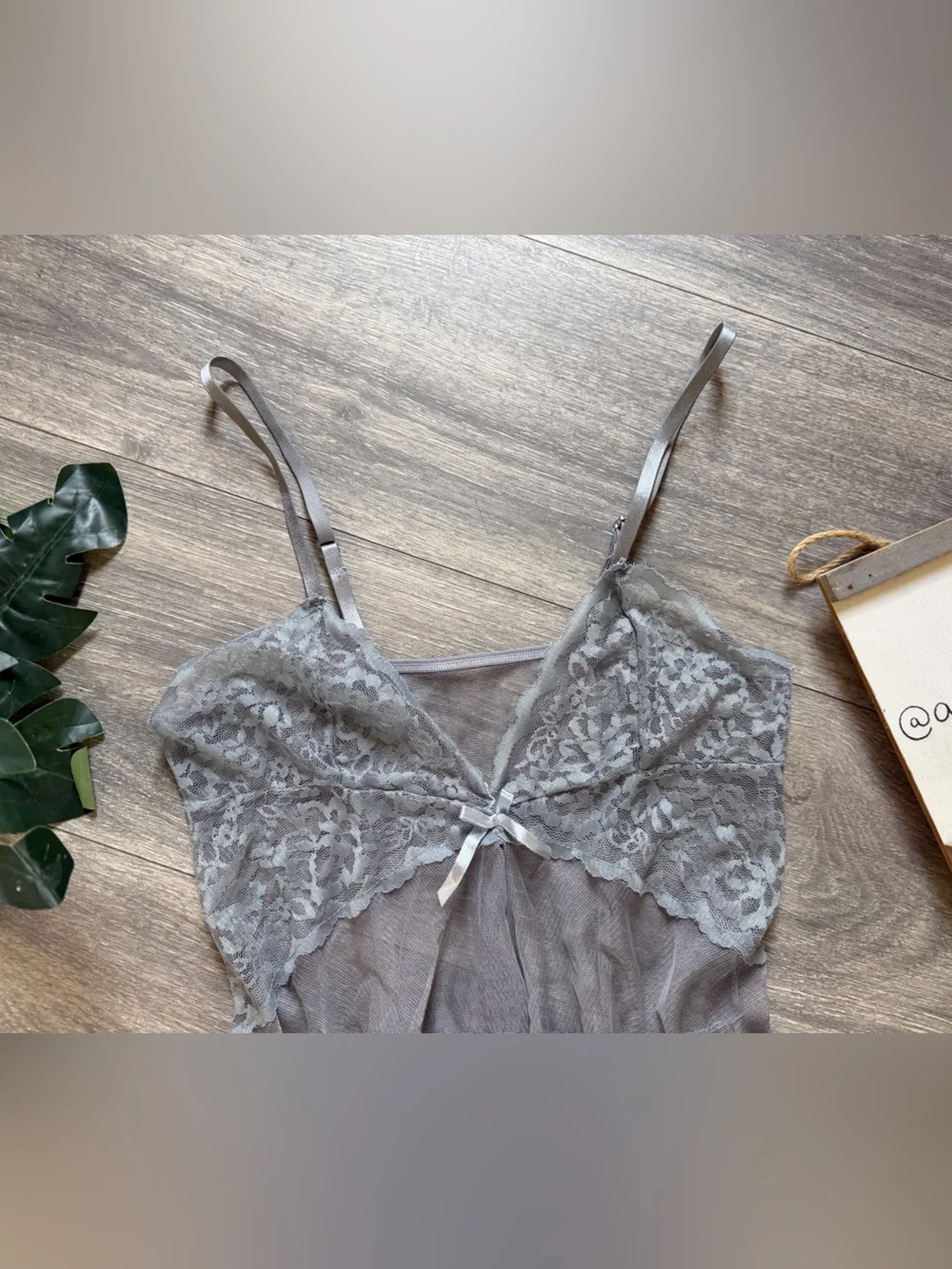 Sheer Delicate Lace Open Front Waterfall Chemise Slip Top in Gray. Size M